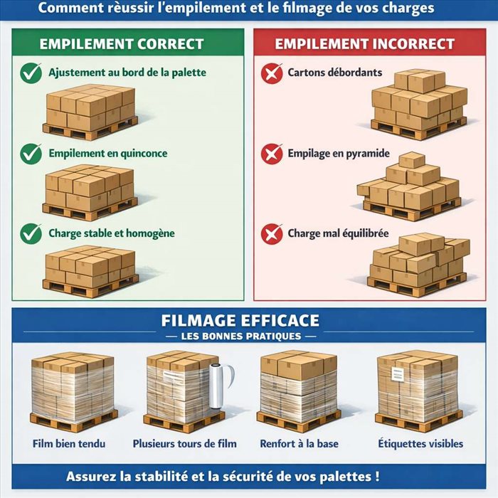 Palettisation de cartons : comment réussir l'empilement et le filmage de vos charges ?